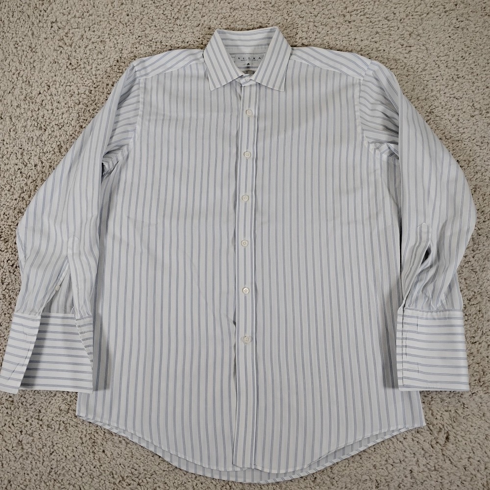 Sulka Shirt Mens 16 32 White Blue Italy Dress Long Sleeve French Cuff Striped